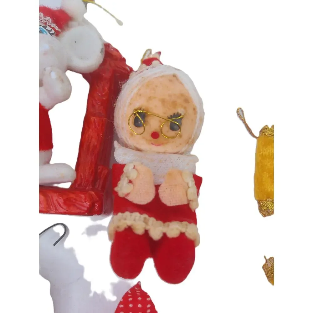 Vintage MCM Kitsch Christmas Ornament Lot Japan Felt Mouse Angel Santa Set of 8